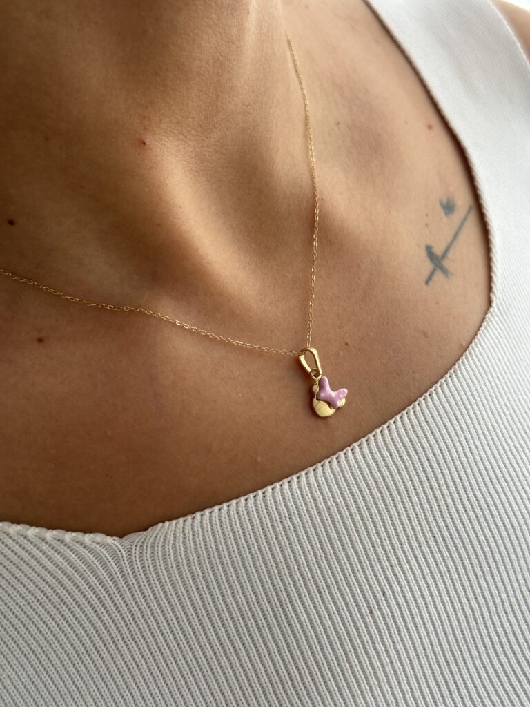 آویز طلا مینی موس پاپیون صورتی خالدار مینا کاری دخترانه کادویی