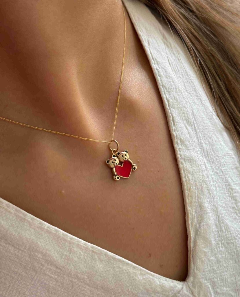 آویز طلا دو خرس و قلب مینا کاری قرمز دخترانه کودکانه کادویی