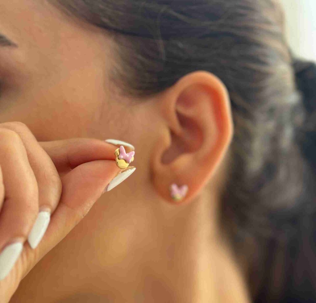 گوشواره طلا مینی موس مینا کاری پاپیون صورتی دخترانه زنانه کادویی