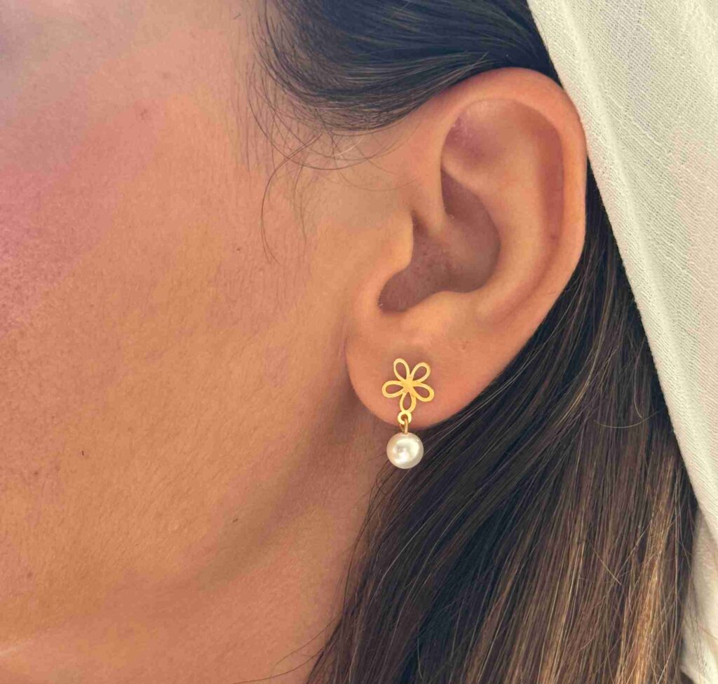 گوشواره طلا میخی گل مروارید آویز زنانه دخترانه کادویی