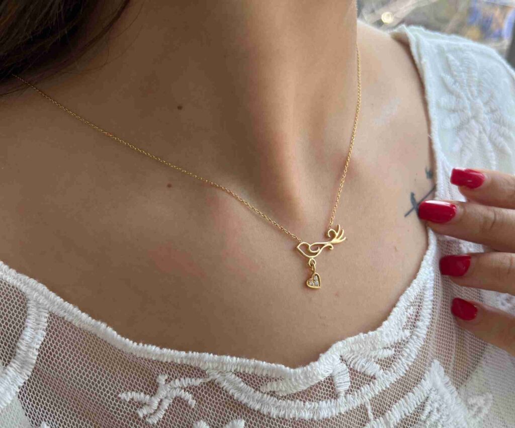 گردنبند طلا زنجیر متصل پرنده قلب آویز زنانه دخترانه کادویی