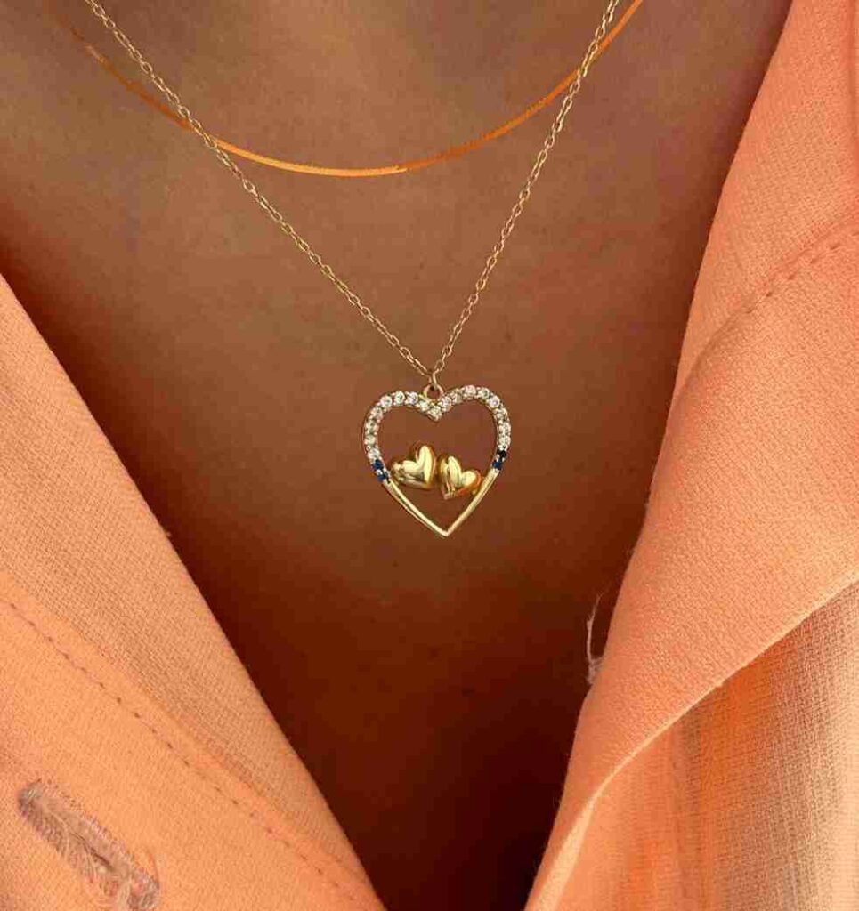 گردنبند طلا زنجیر متصل دو قلب نگین دار زنانه دخترانه کادویی