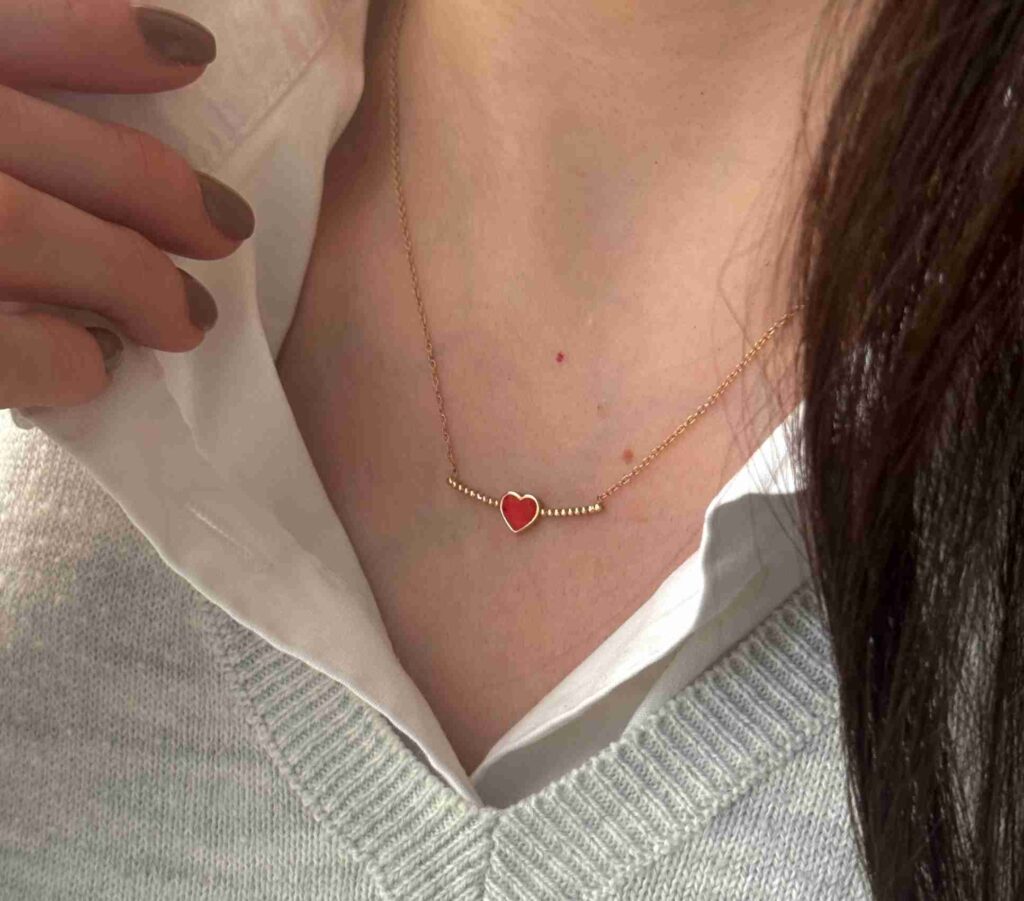 گردنبند طلا زنجیر متصل مفتول نقطه ای و قلب قرمز زنانه دخترانه کادویی