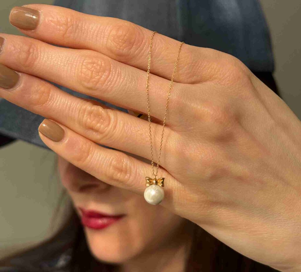 گردنبند طلا زنجیر متصل پاپیون و مروارید زنانه دخترانه کادویی