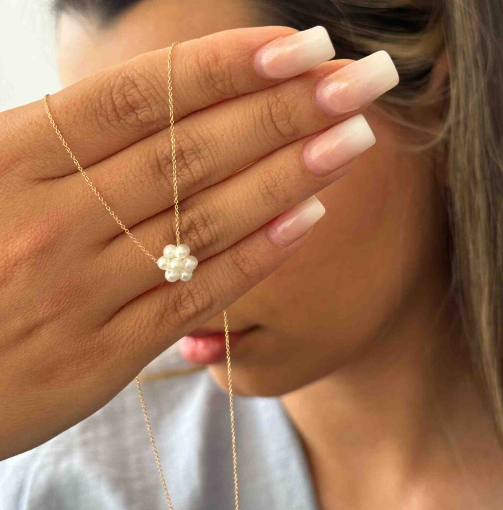 گردنبند طلا زنجیر متصل نقل مرواریدی سفید زنانه دخترانه کادویی