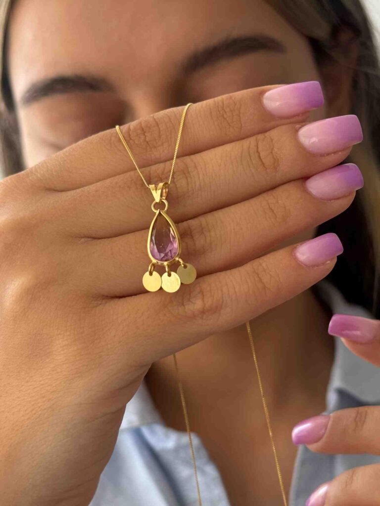 آویز طلا اشک سنگ صورتی سه پولک آویز زنانه دخترانه کادویی