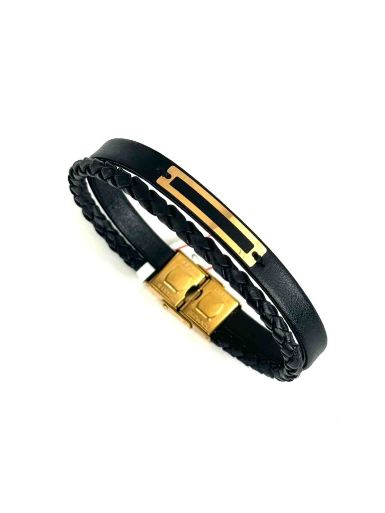 دستبند بند چرمی مشکی مردانه مشکی دو لاین مردانه پسرانه کادویی