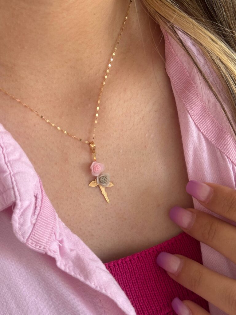 آویز طلا گل ترمه صورتی و سبز زنانه دخترانه کادویی