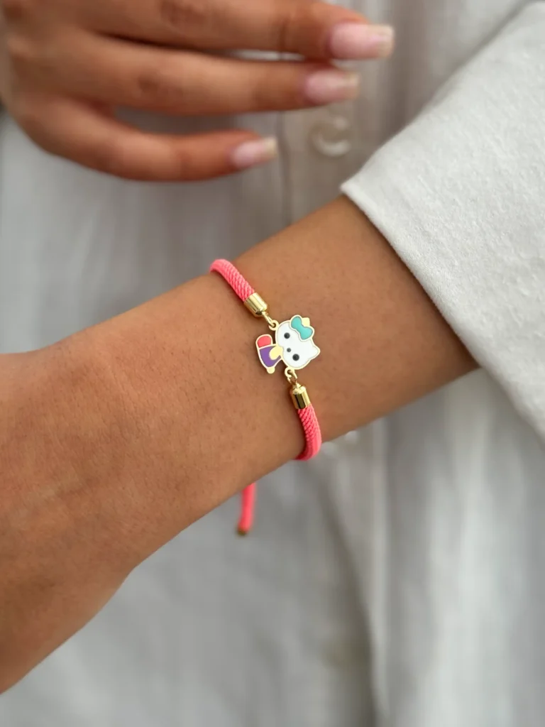 دستبند کیتی با پاپیون سبزآبی مینا کاری کودکانه زنانه دخترانه کادویی