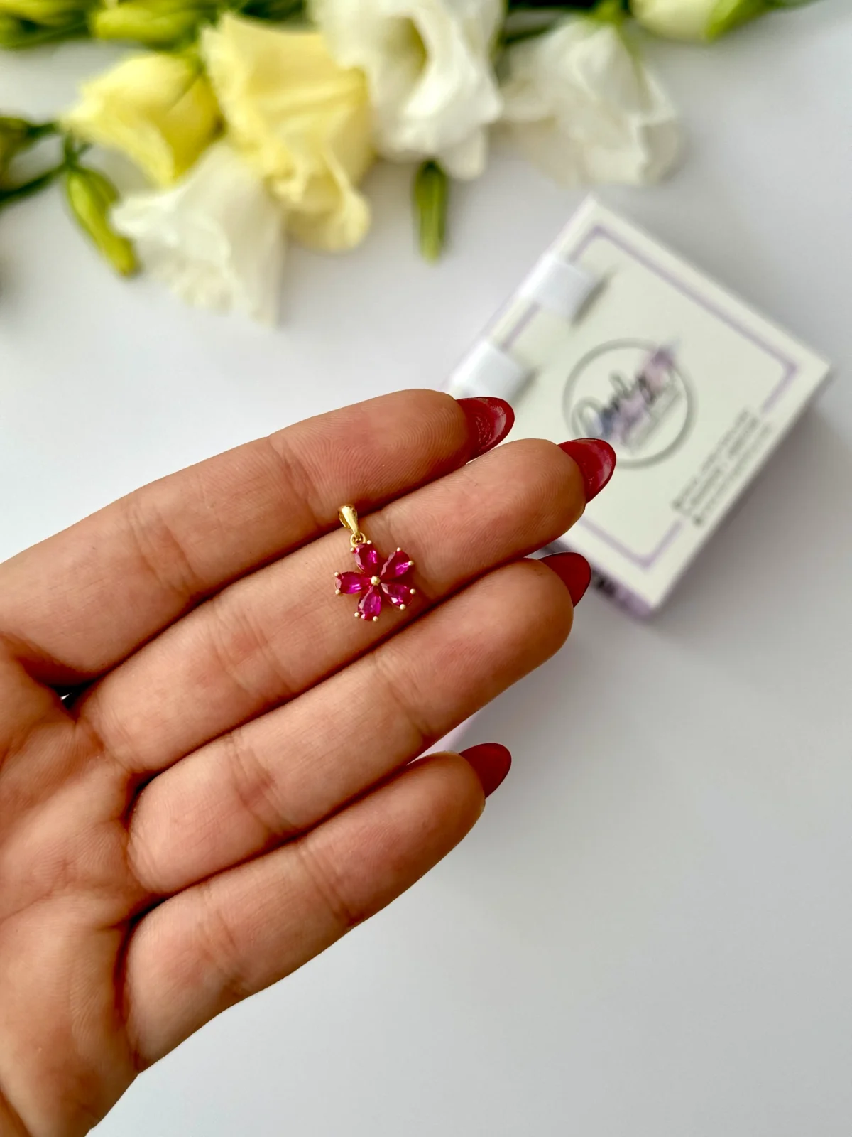 آویز طلا گل پنج پر نگین سرخابی زنانه دخترانه کادویی