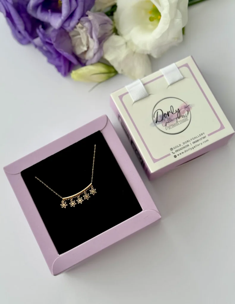 گردنبند طلا زنجیر متصل مفتول پنج گل شش پر آویز زنانه دخترانه کادویی