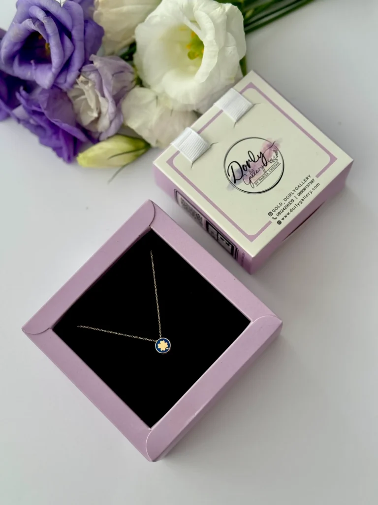 گردنبند طلا زنجیر متصل شبدر در دایره سه بعدی آبی میناکاری زنانه دخترانه کادویی