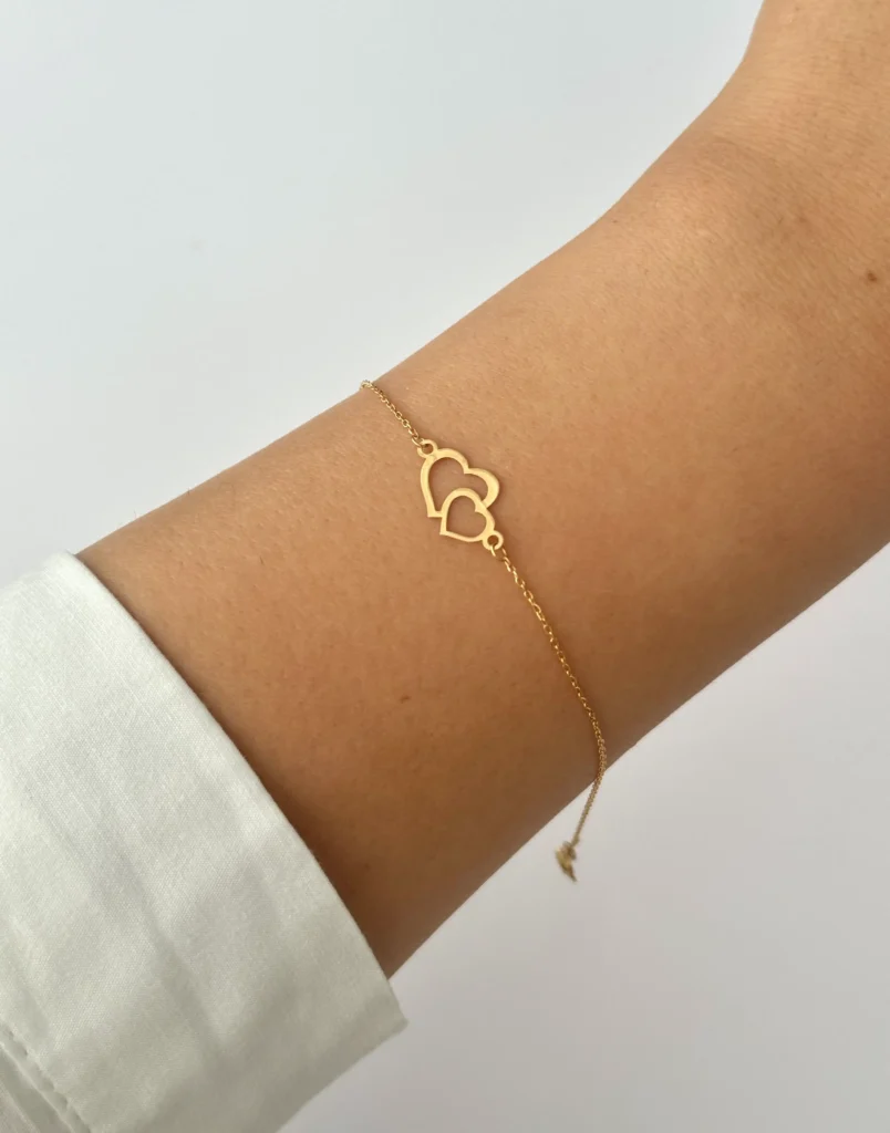 دستبند طلا زنجیری دو قلب به هم چسبیده لیزری زنانه دخترانه کادویی