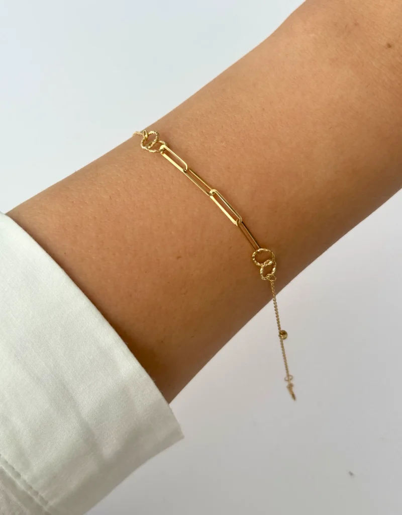 دستبند زنجیری طلا چهار بیضی و چهار حلقه تراش دار و دو گوی زنانه دخترانه کادویی