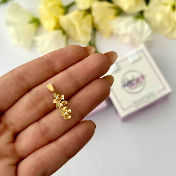 آویز طلا سه گل شش پر آینه ای نگینی زنانه کادویی