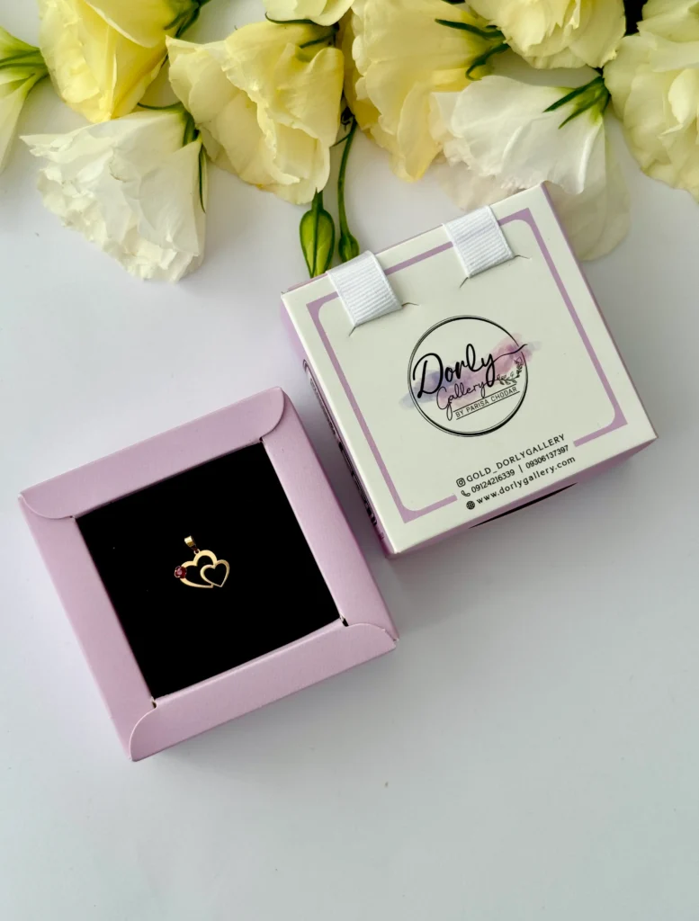 آویز طلا دو قلب کنار هم نگین قرمز زنانه دخترانه کادویی