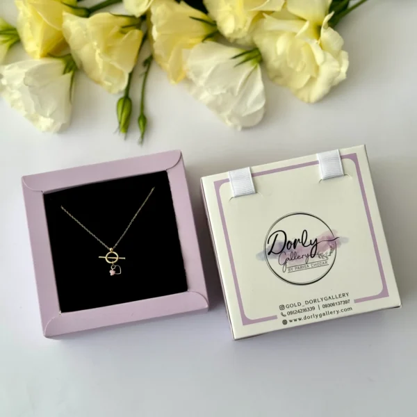 گردنبند طلا زنجیر متصل قفل تی دو قلب صورتی مینا کاری زنانه دخترانه کادویی