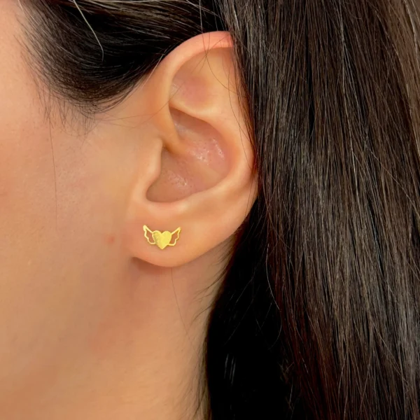 گوشواره طلا میخی قلب و بال لیزری زنانه دخترانه کادویی