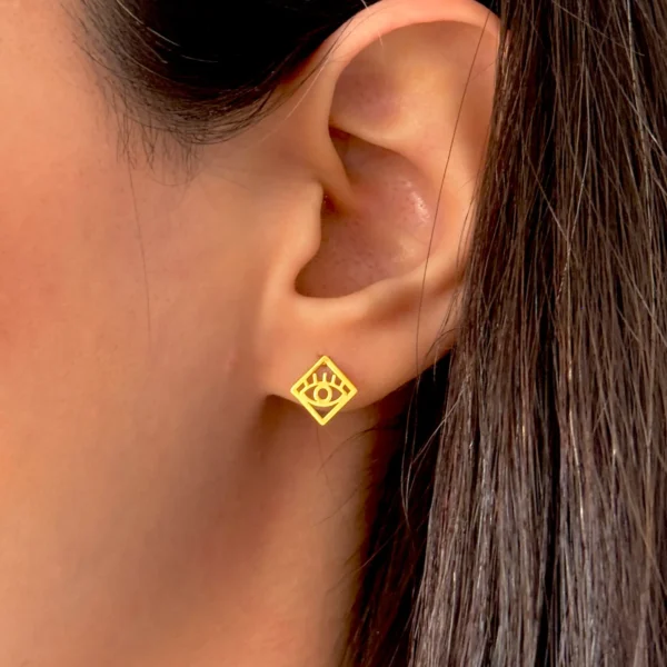 گوشواره طلا میخی چشم در مربع لیزری زنانه دخترانه کادویی