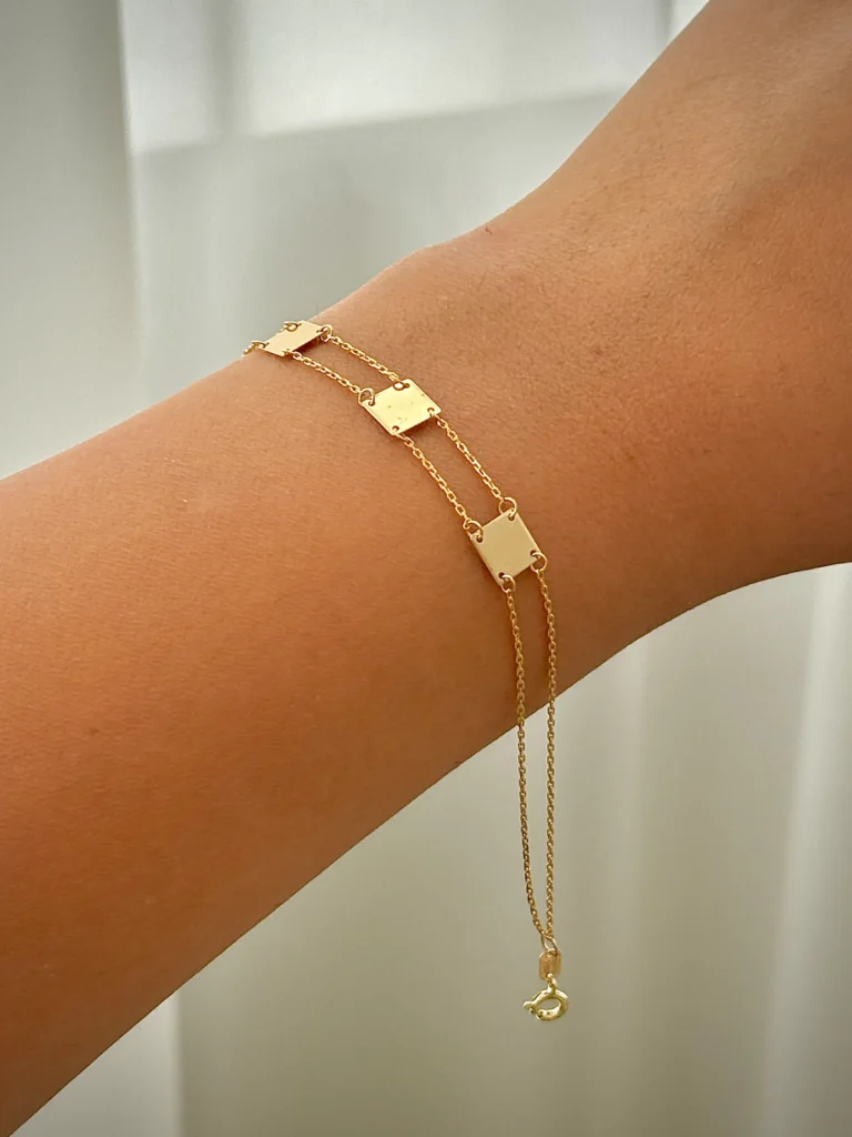 دستبند زنجیری طلا هرمس دو لاین و سه مربع تو پر زنانه دخترانه کادویی