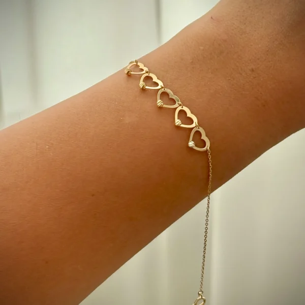 دستبند زنجیری طلا هرمس پنج قلب و گوی البرنادو زنانه دخترانه کادویی