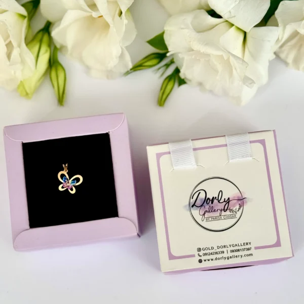 آویز طلا پروانه سوارفسکی رزین بنفش و آبی زنانه دخترانه کادویی