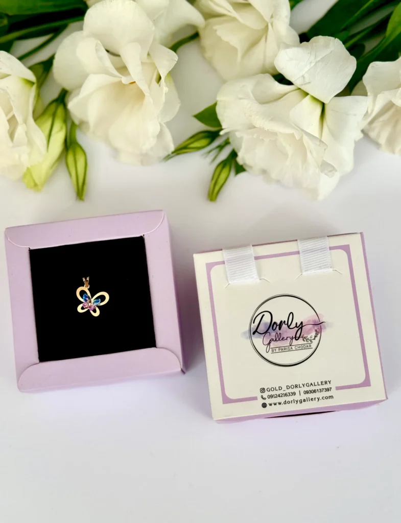 آویز طلا پروانه سوارفسکی رزین بنفش و آبی زنانه دخترانه کادویی