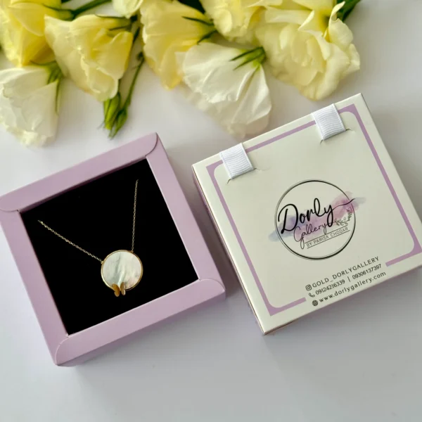 گردنبند طلا زنجیر متصل دایره مروارید صدفی و پروانه زنانه دخترانه کادویی