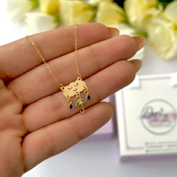 گردنبند طلا زنجیر متصل هرمس ابر و دو قطره آبی و چتر سبز میناکاری آویز دخترانه زنانه کودکانه کادویی