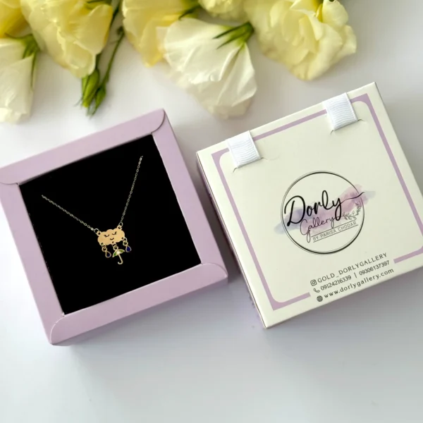 گردنبند طلا زنجیر متصل هرمس ابر و دو قطره آبی و چتر سبز میناکاری آویز دخترانه زنانه کودکانه کادویی