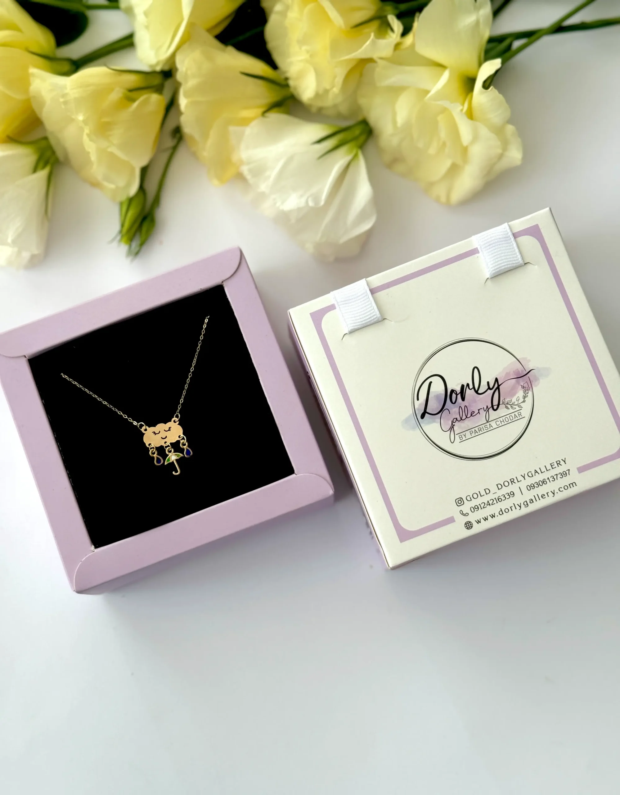 IMG_4680 گردنبند طلا زنجیر متصل هرمس ابر و دو قطره آبی و چتر سبز میناکاری آویز دخترانه زنانه کودکانه کادویی