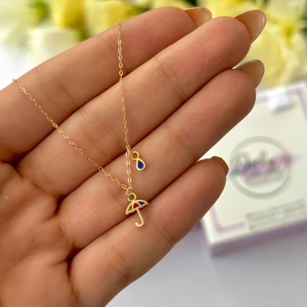 گردنبند طلا زنجیر متصل هرمس یک قطره آبی و چتر رنگی میناکاری آویز زنانه دخترانه کادویی