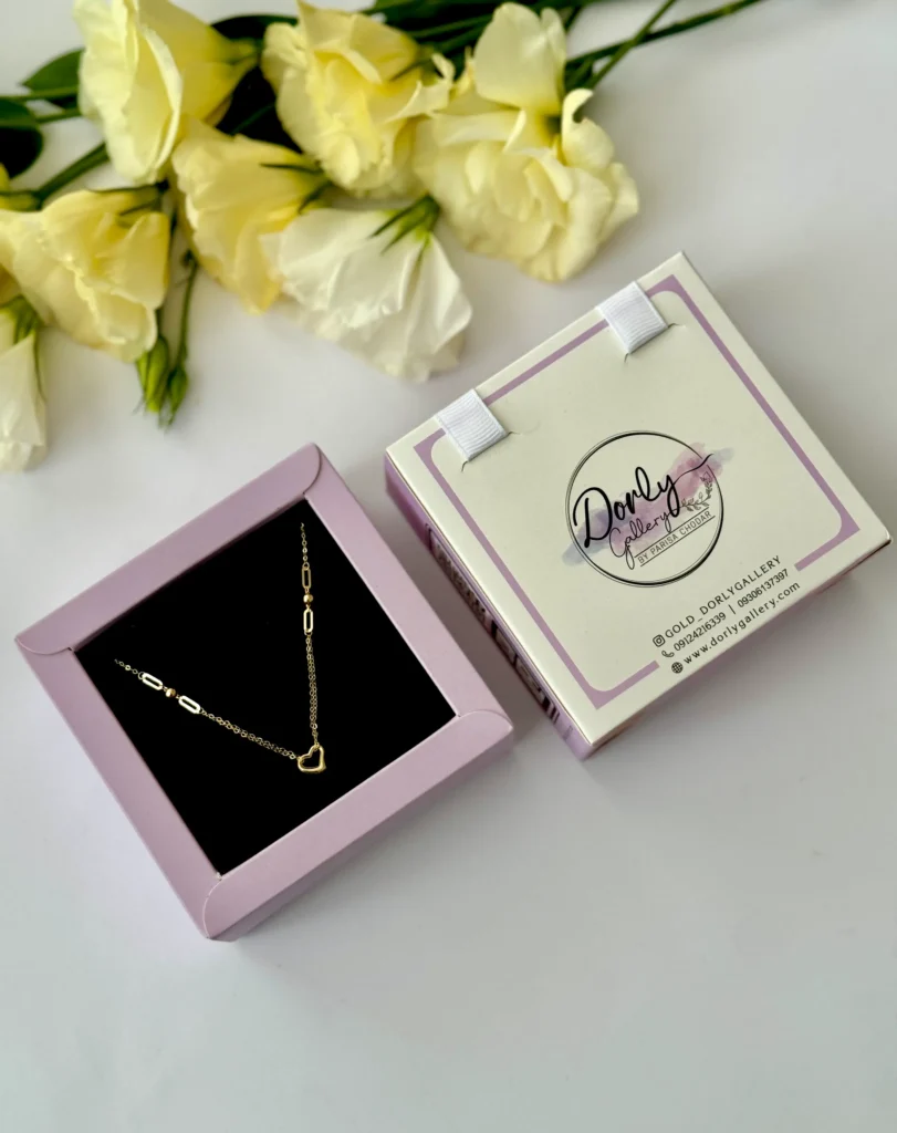 گردنبند طلا زنجیر متصل هرمس دو گوی و چهار حلقه بیضی و قلب کج آویز زنانه دخترانه کادویی