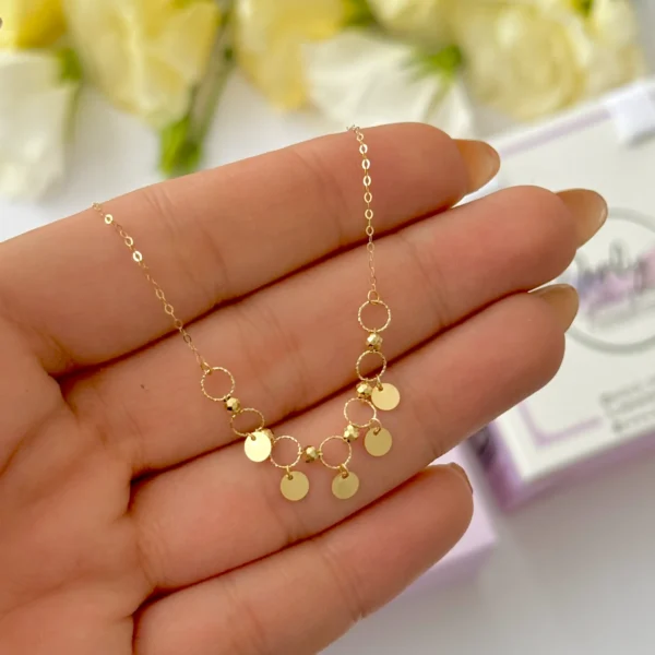 گردنبند طلا زنجیری هرمس هفت حلقه و شش گوی و پنج پولک آویز زنانه دخترانه کادویی