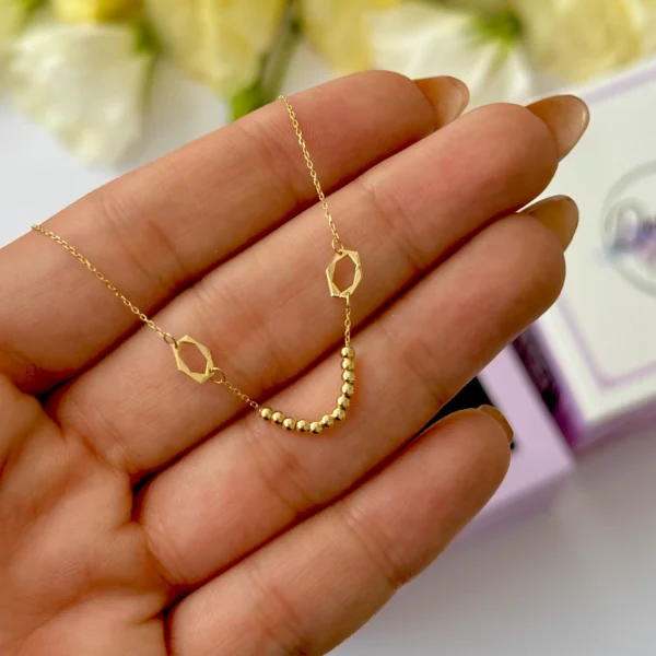 گردنبند طلا زنجیر متصل دو شش ضلعی تو خالی و دوازده گوی زنانه دخترانه کادویی