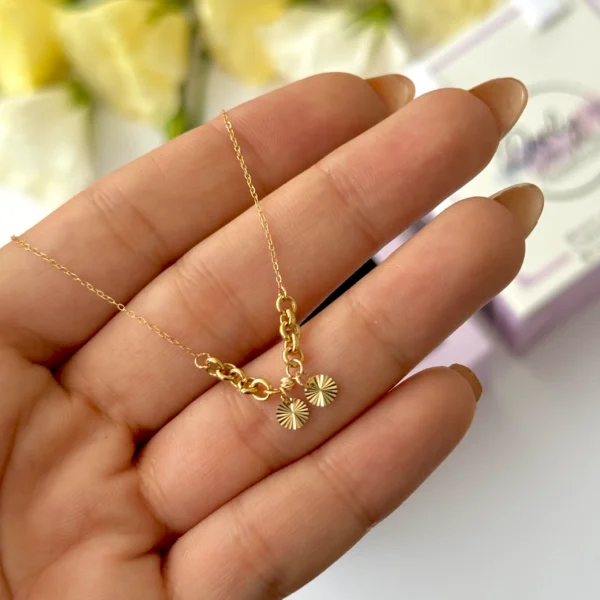 گردنبند طلا زنجیر متصل ده حلقه تو هم و دو دایره تراش دار آویز و یک گوی البرنادو زنانه دخترانه کادویی