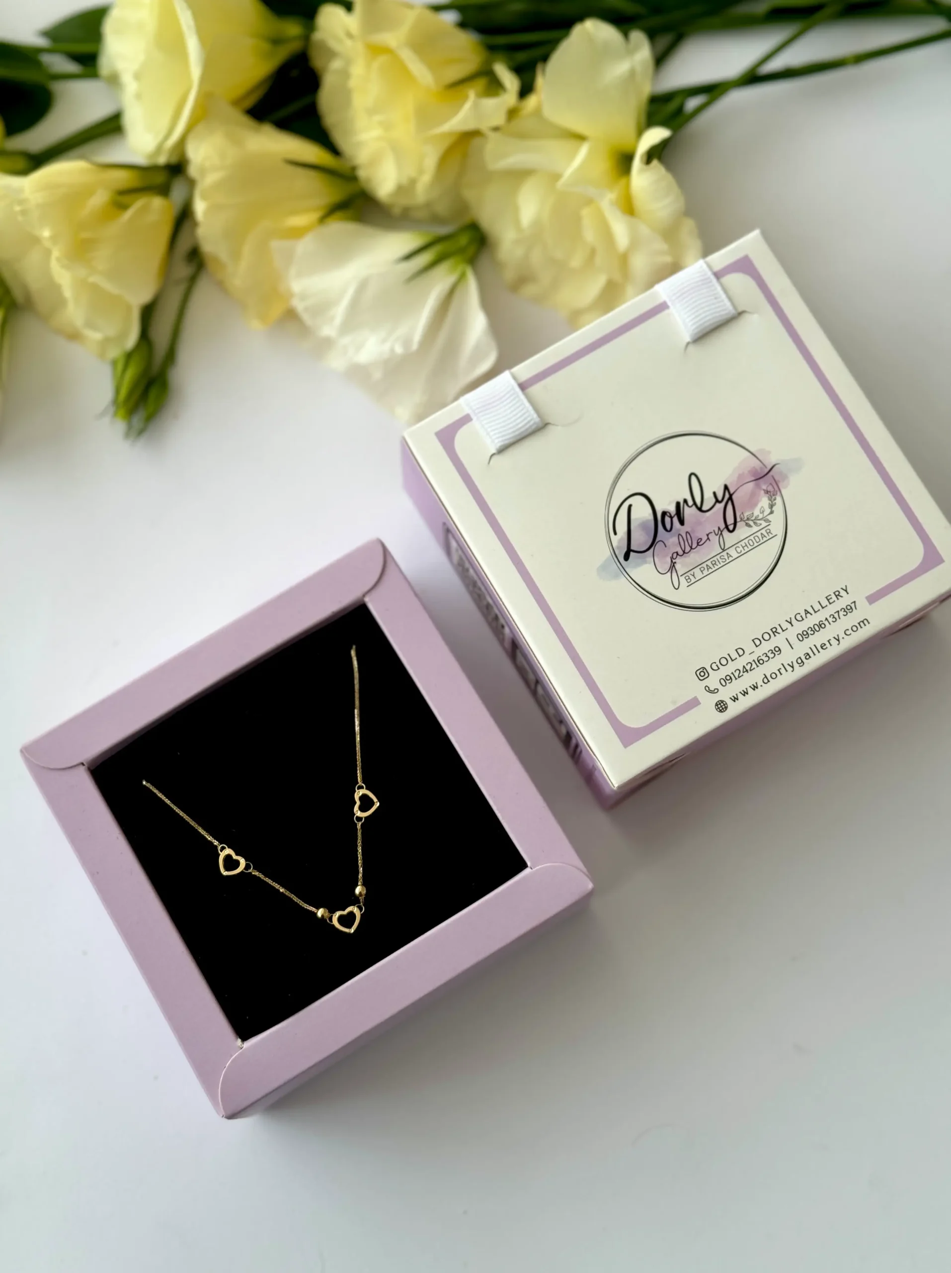 IMG_4734 گردنبند طلا زنجیر متصل ابریشمی سه قلب و دو گوی زنانه دخترانه کادویی