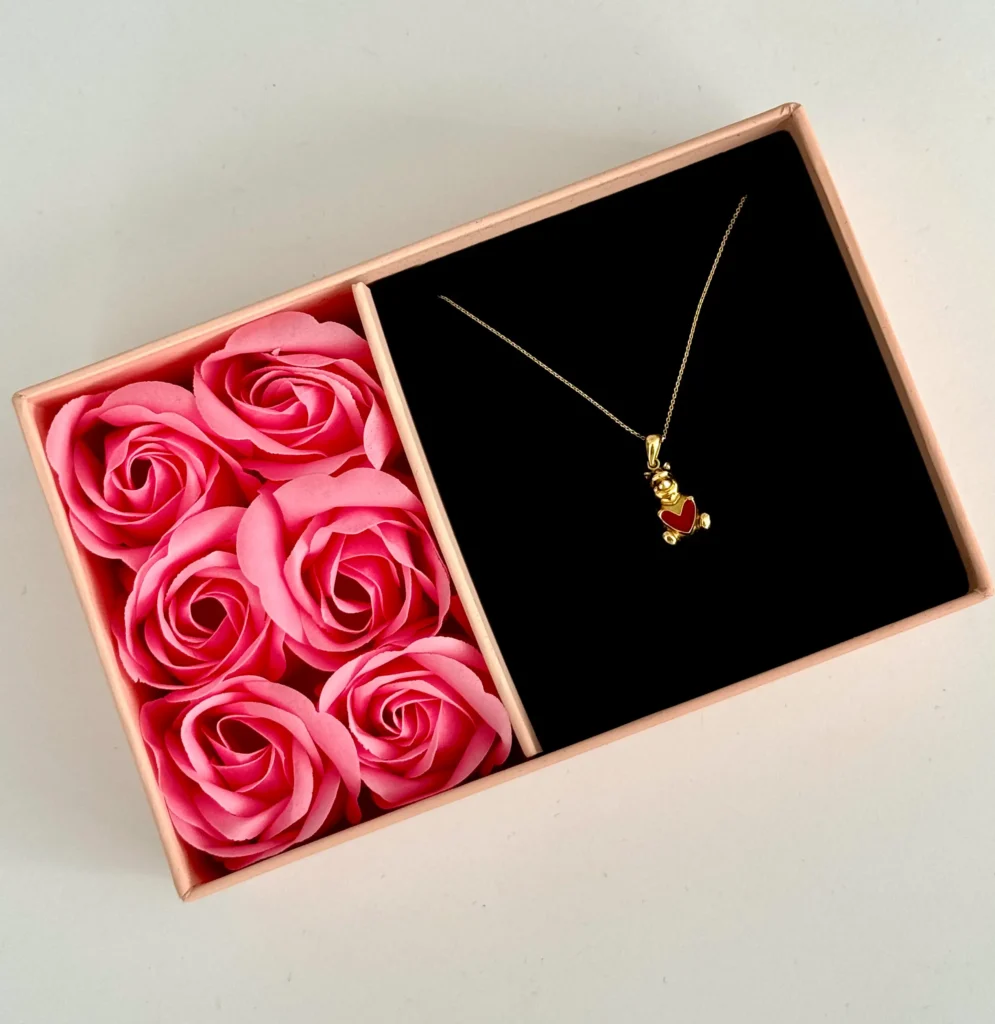 گردنبند طلا زنجیر متصل فلامینگو و خرس دامله قلب قرمز زنانه دخترانه کادویی