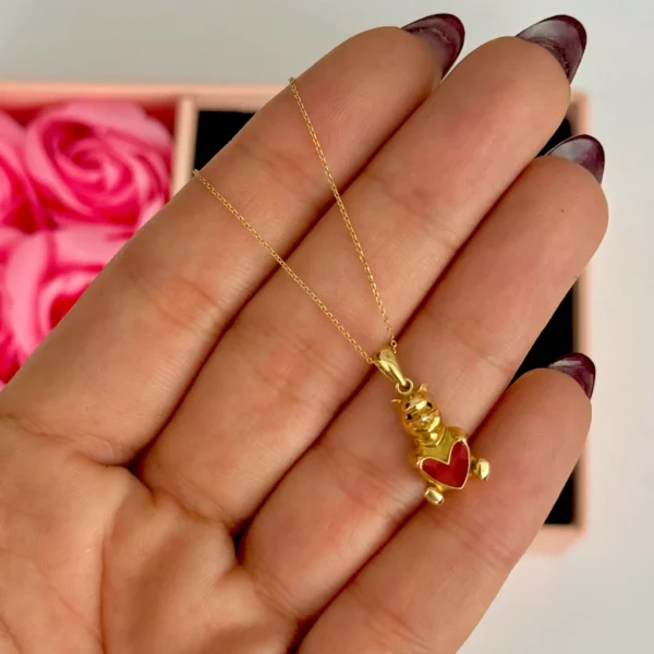 گردنبند طلا زنجیر متصل فلامینگو و خرس دامله قلب قرمز زنانه دخترانه کادویی