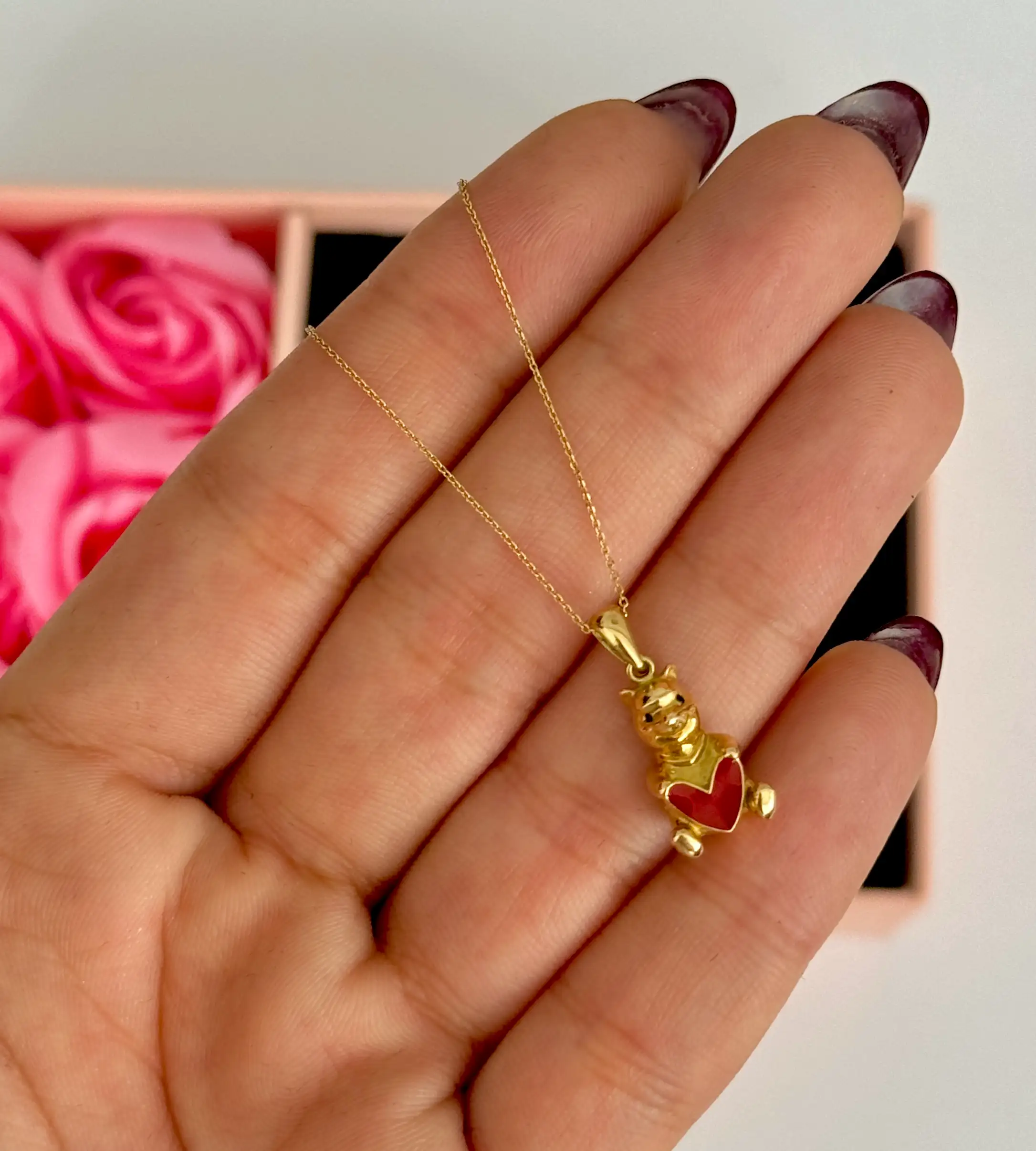 IMG_3383 گردنبند طلا زنجیر متصل فلامینگو و خرس دامله قلب قرمز زنانه دخترانه کادویی