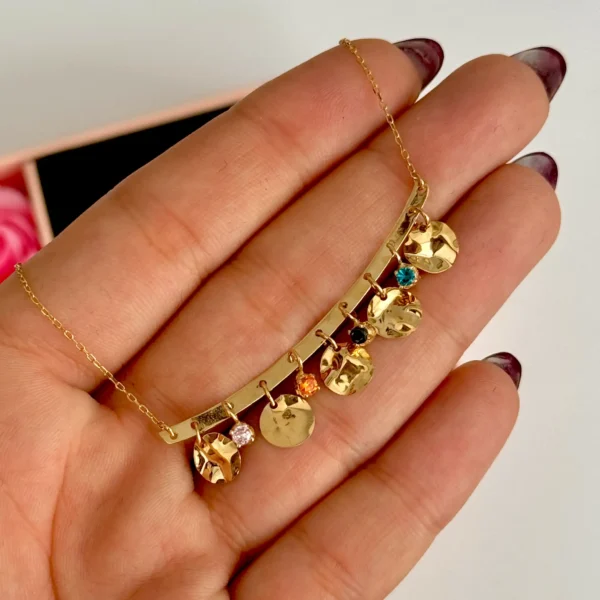 گردنبند طلا زنجیر متصل هرمس دایره چکشی و گوی نگین دار رنگی زنانه دخترانه کادویی