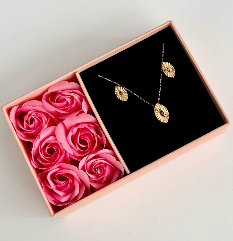 نیم ست طلا چشم چکشی نگین بنفش زنانه دخترانه کادویی