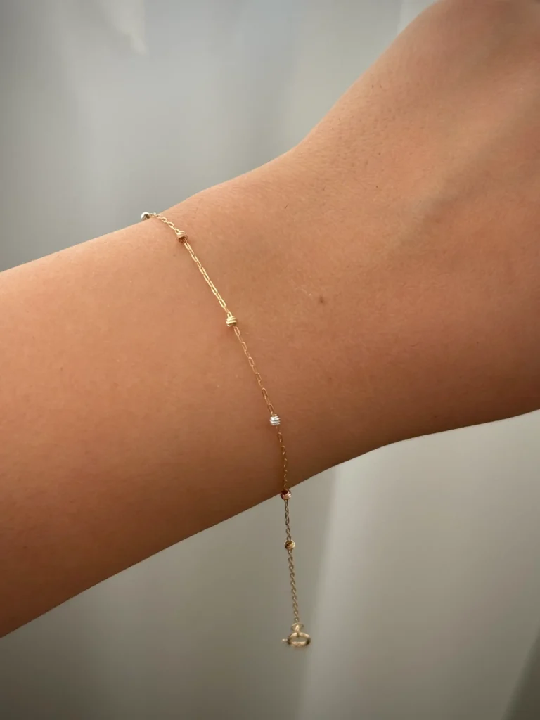 دستبند زنجیری طلا هرمس و هفت گوی سه رنگ البرنادو زنانه دخترانه کادویی