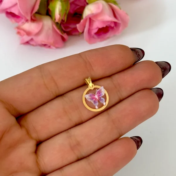 آویز طلا دایره و پروانه سنگی بنفش و صورتی شاینی زنانه دخترانه کادویی