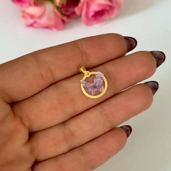 آویز طلا دایره و پروانه سنگی بنفش شاینی زنانه دخترانه کادویی