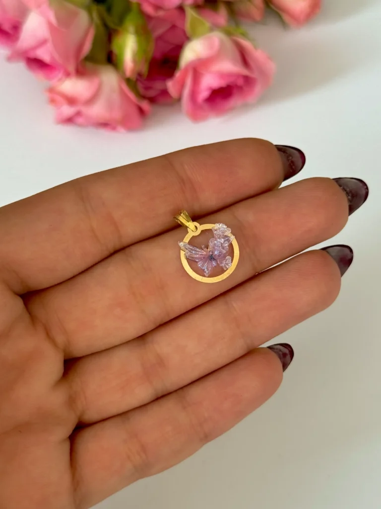 آویز طلا دایره و پروانه سنگی بنفش شاینی زنانه دخترانه کادویی