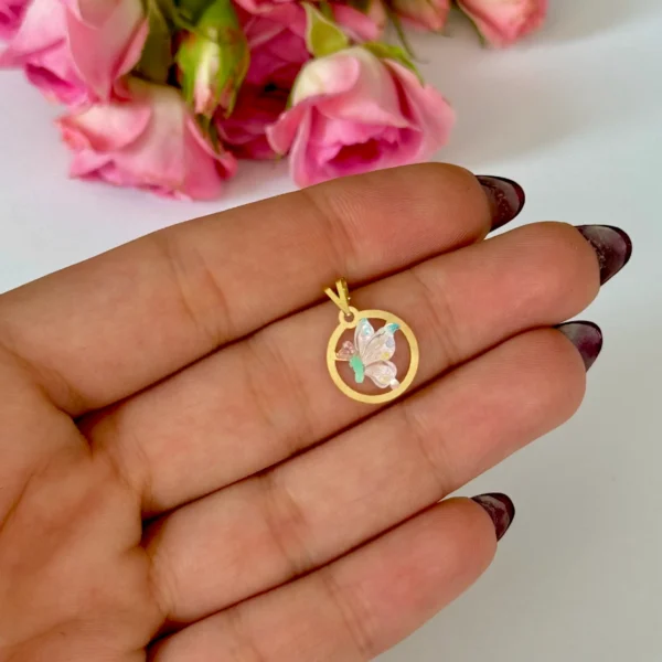 آویز طلا دایره و پروانه نیمه سنگی صورتی شاینی زنانه دخترانه کادویی