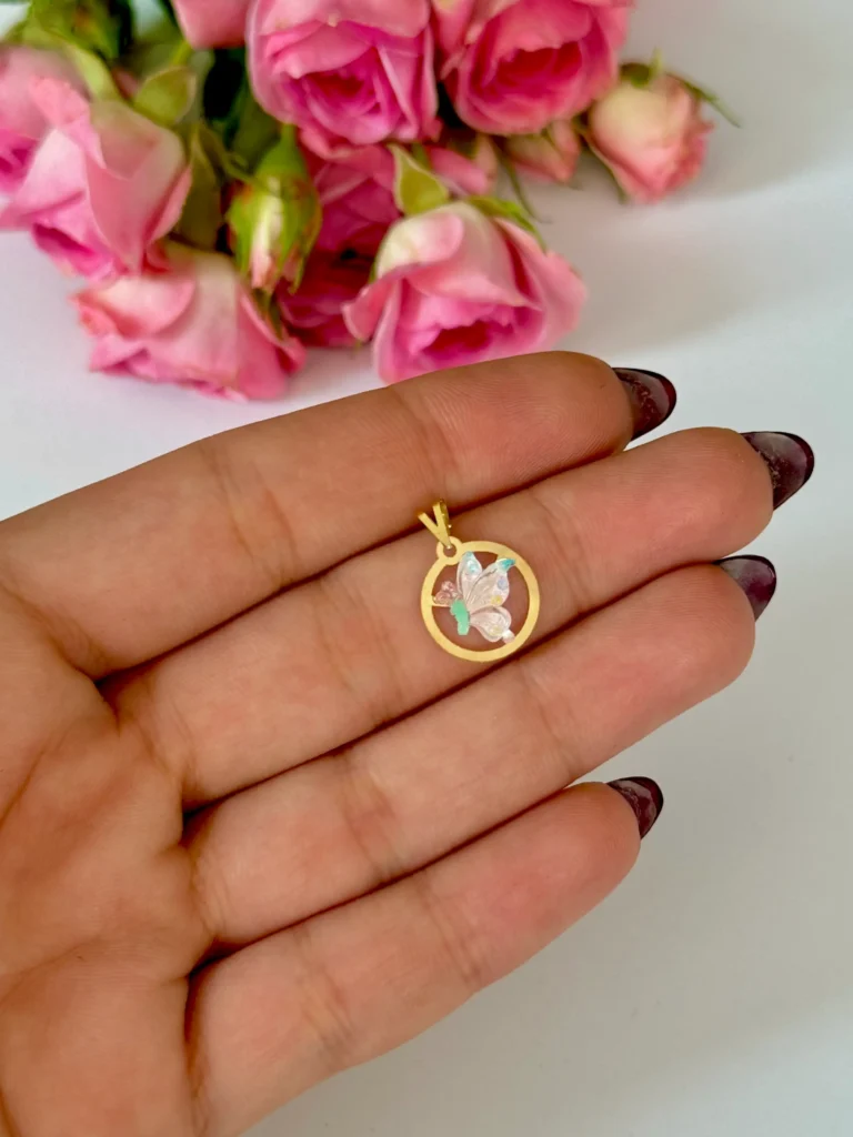 آویز طلا دایره و پروانه نیمه سنگی صورتی شاینی زنانه دخترانه کادویی