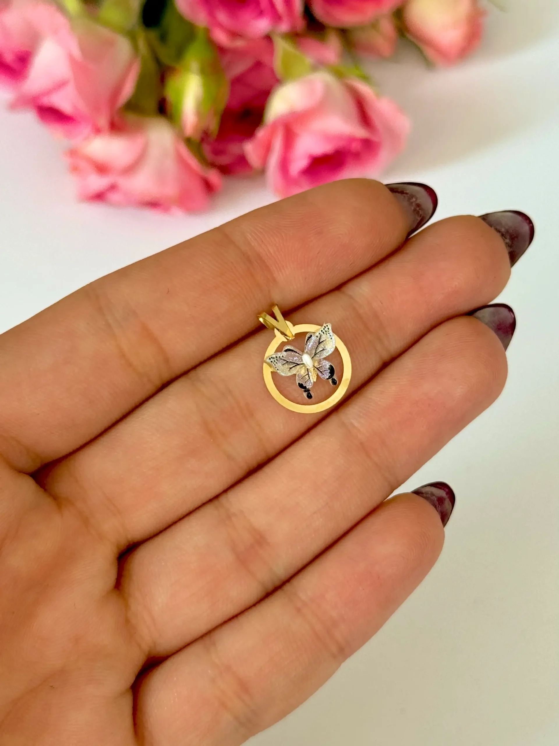 IMG_4089 آویز طلا دایره و پروانه سنگی مشکی و سفید شاینی زنانه دخترانه کادویی