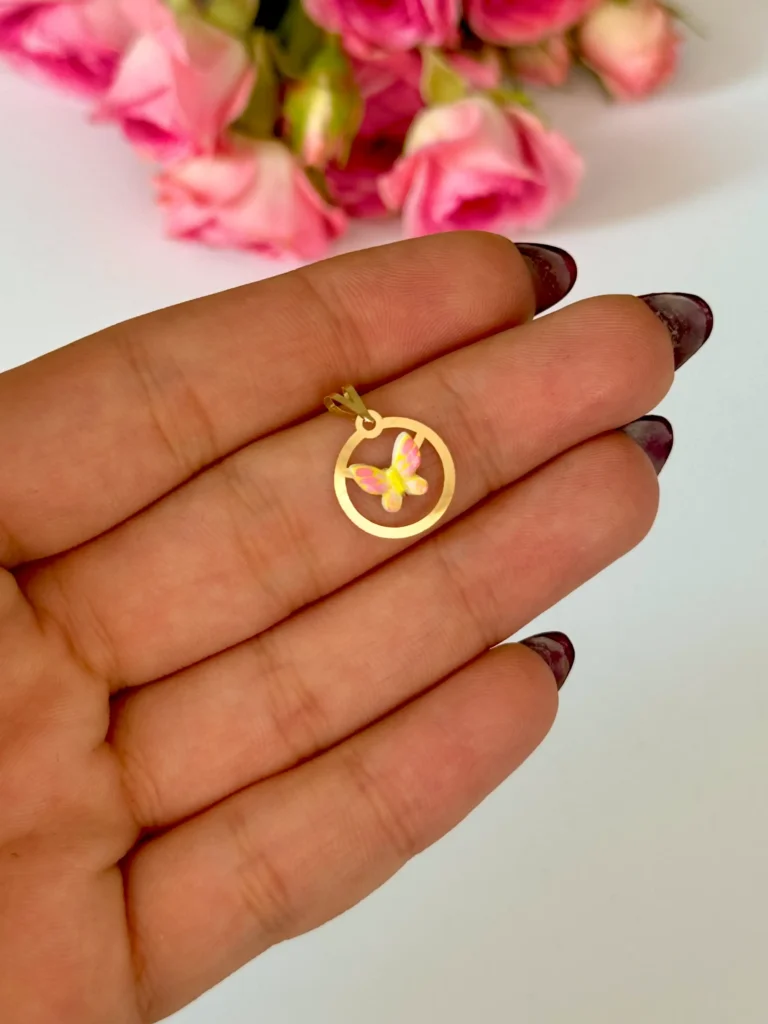 آویز طلا دایره و پروانه سنگی زرد و صورتی شاینی زنانه دخترانه کادویی